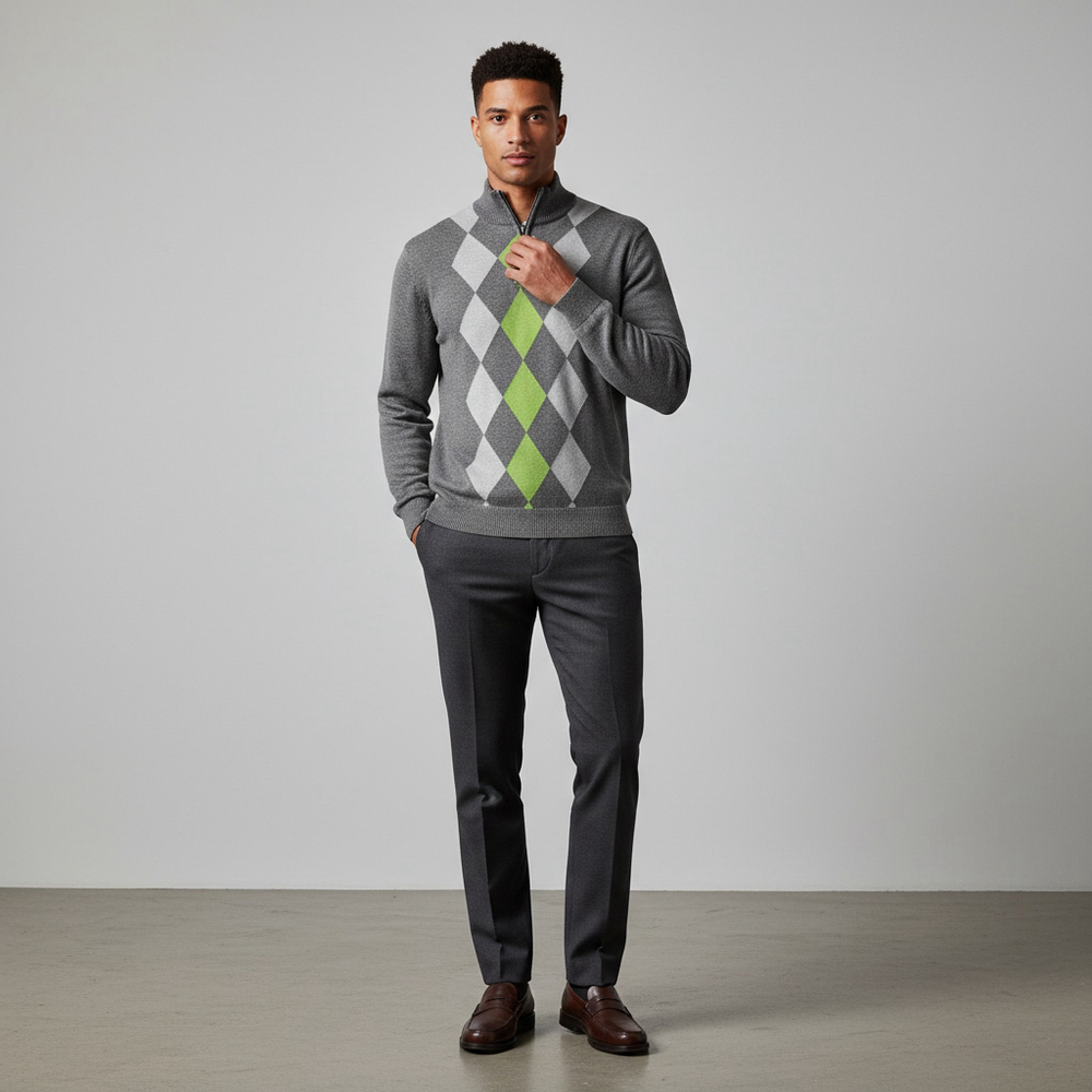 NWT Britches Argyle Quarter Zip Sweater Preppy Golfcore XL Grey Lime Green